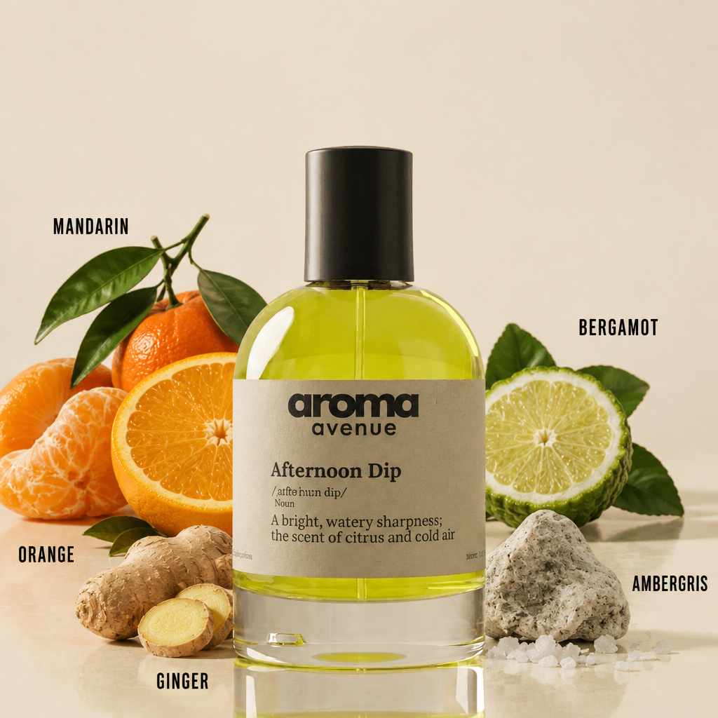 Aroma Avenue Afternoon Dip fragrance notes: mandarin, orange, bergamot, ginger and ambergris