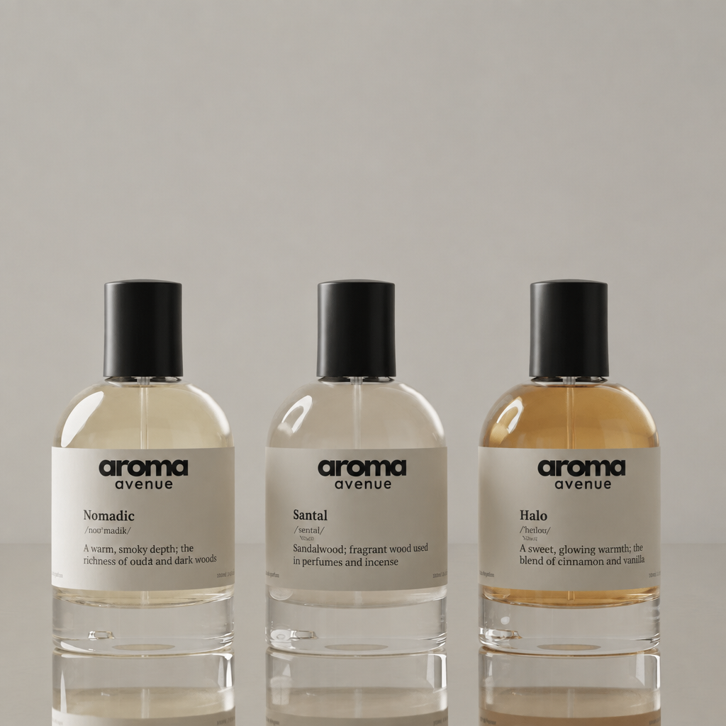 Charlie's Picks perfume bundle: Aroma Avenue Nomadic, Santal and Halo 100ml bottles