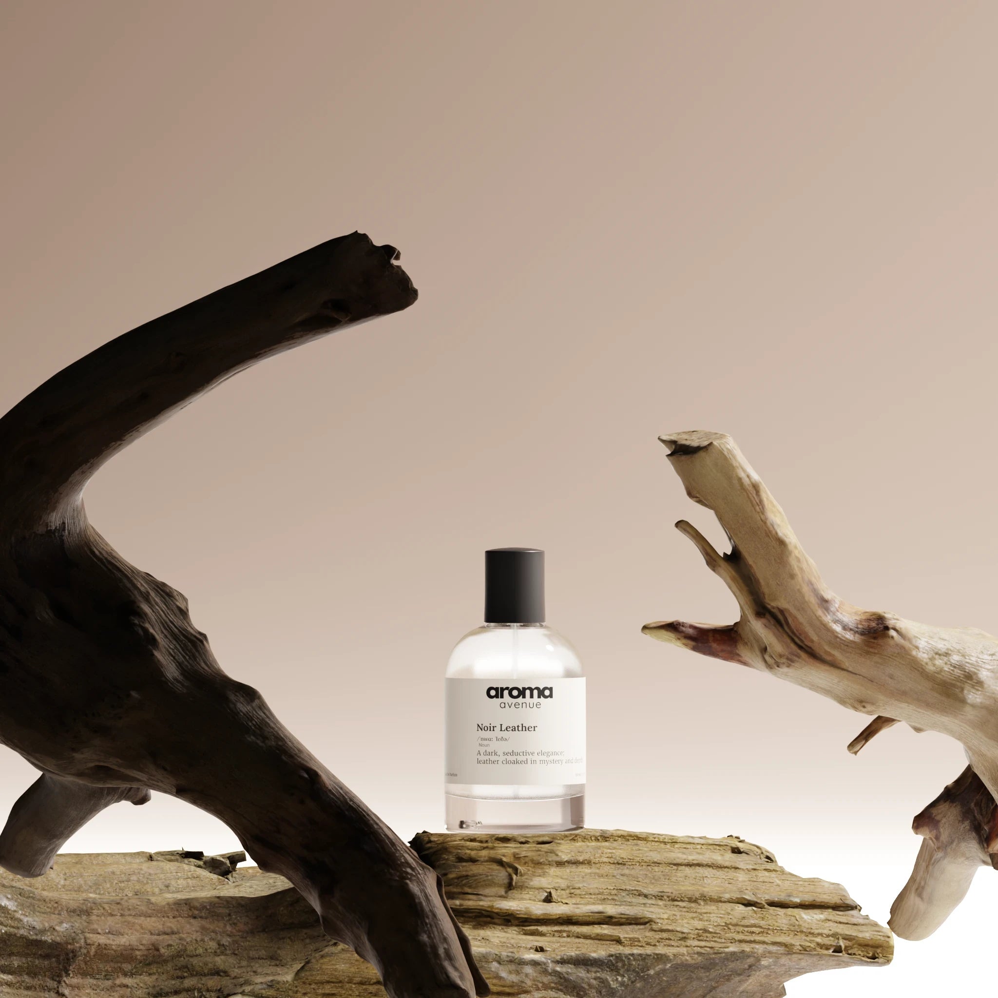 aroma avenue perfume bottle with black cap on a wooden surface against a beige background labelled as noir leather