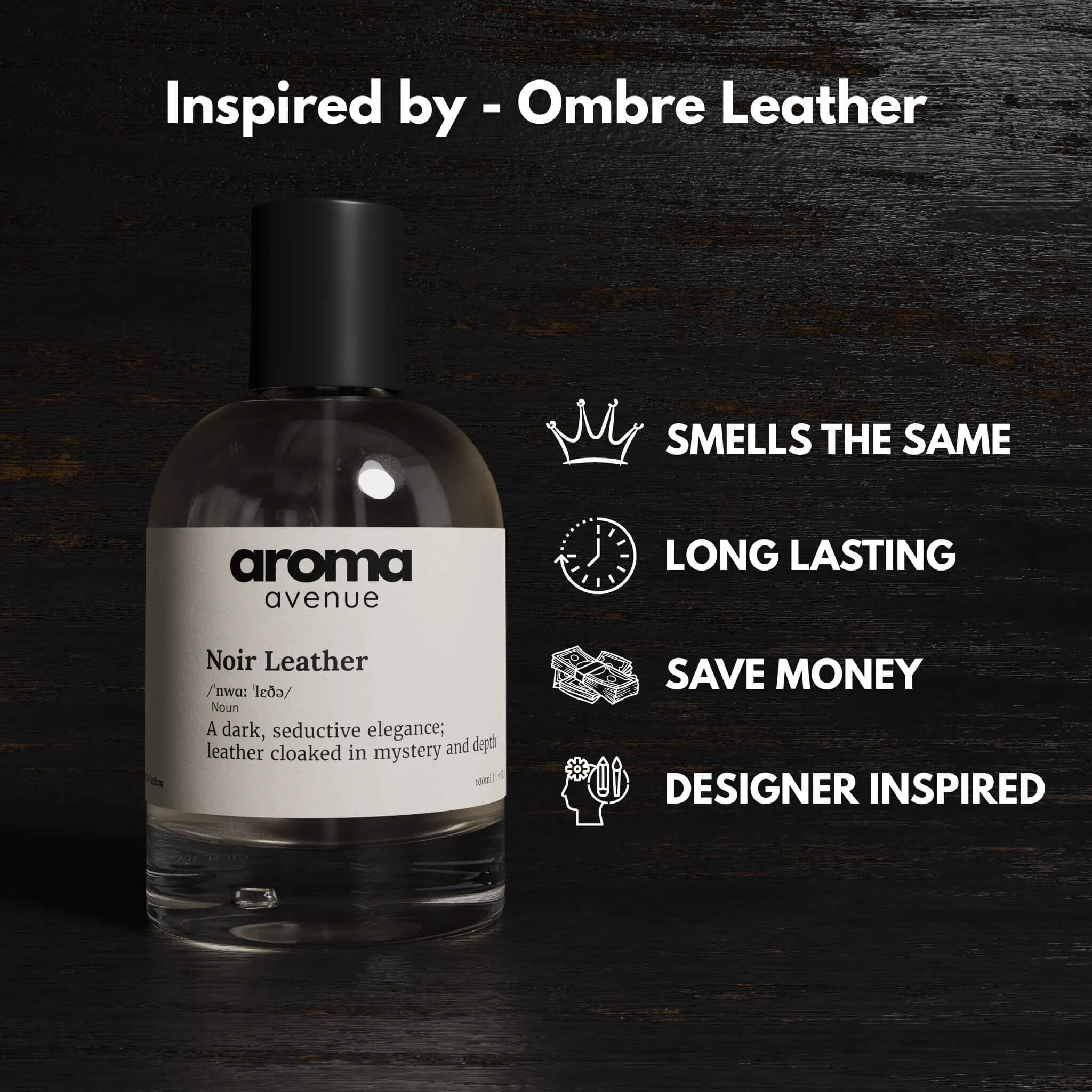 Perfume bottle labeled 'noir leather' on a dark background with text about product features.