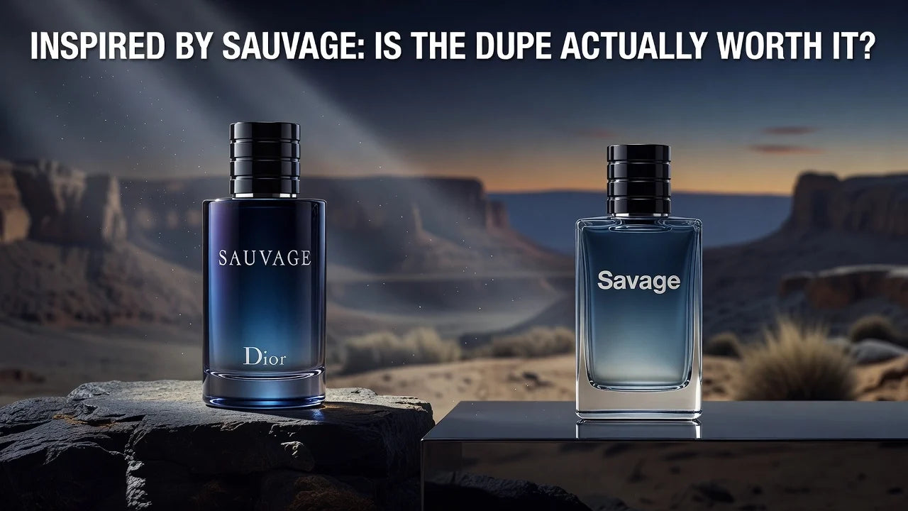Professional header image for comparison analysis: Inspired by Sauvage: Is the Dupe Actually Worth It?