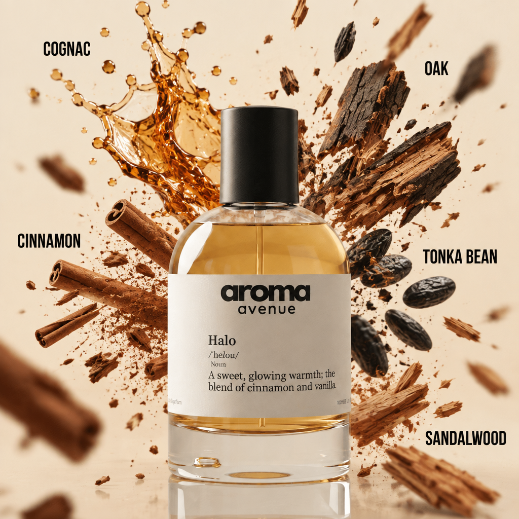 Aroma Avenue Halo fragrance notes: cognac, oak, cinnamon, tonka bean and sandalwood
